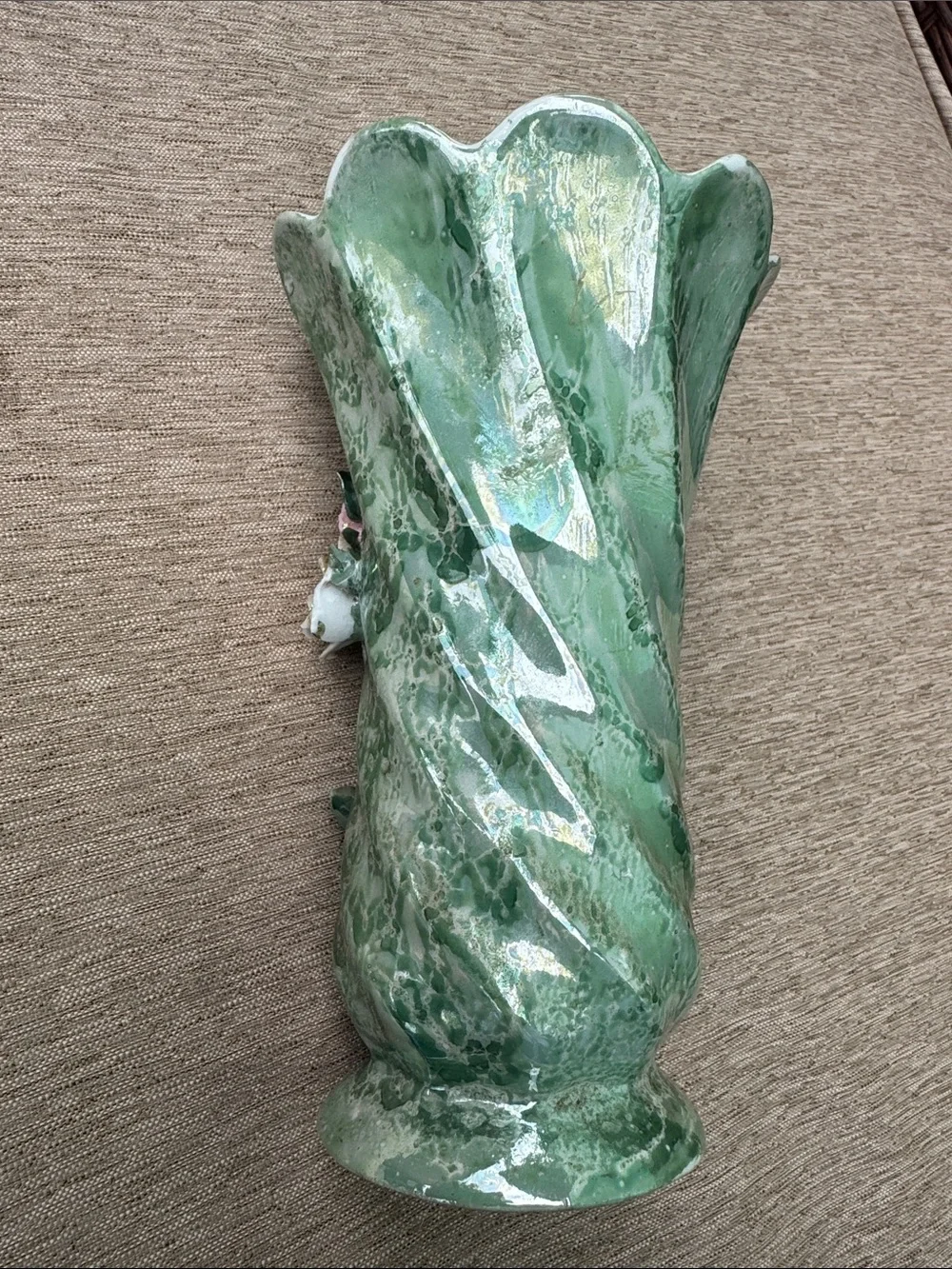 VTG Green Ceramic Floral Vase with Pink Rose applied Accents & glitter effects